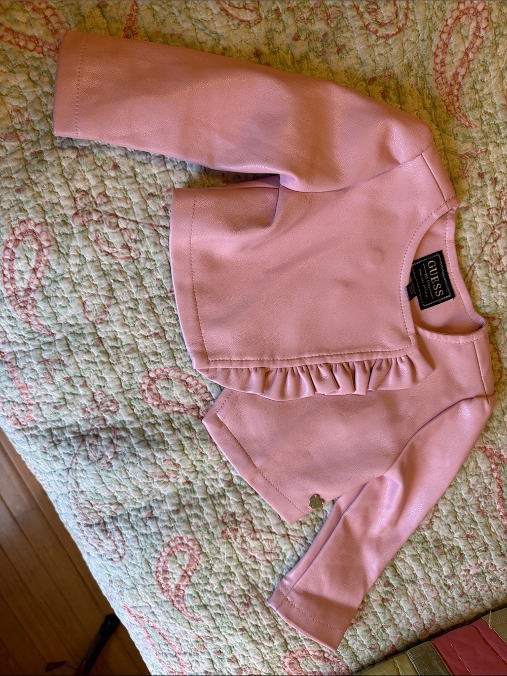 Guess Blush Pink Ruffle Faux Leather Jacket — 6-9 months